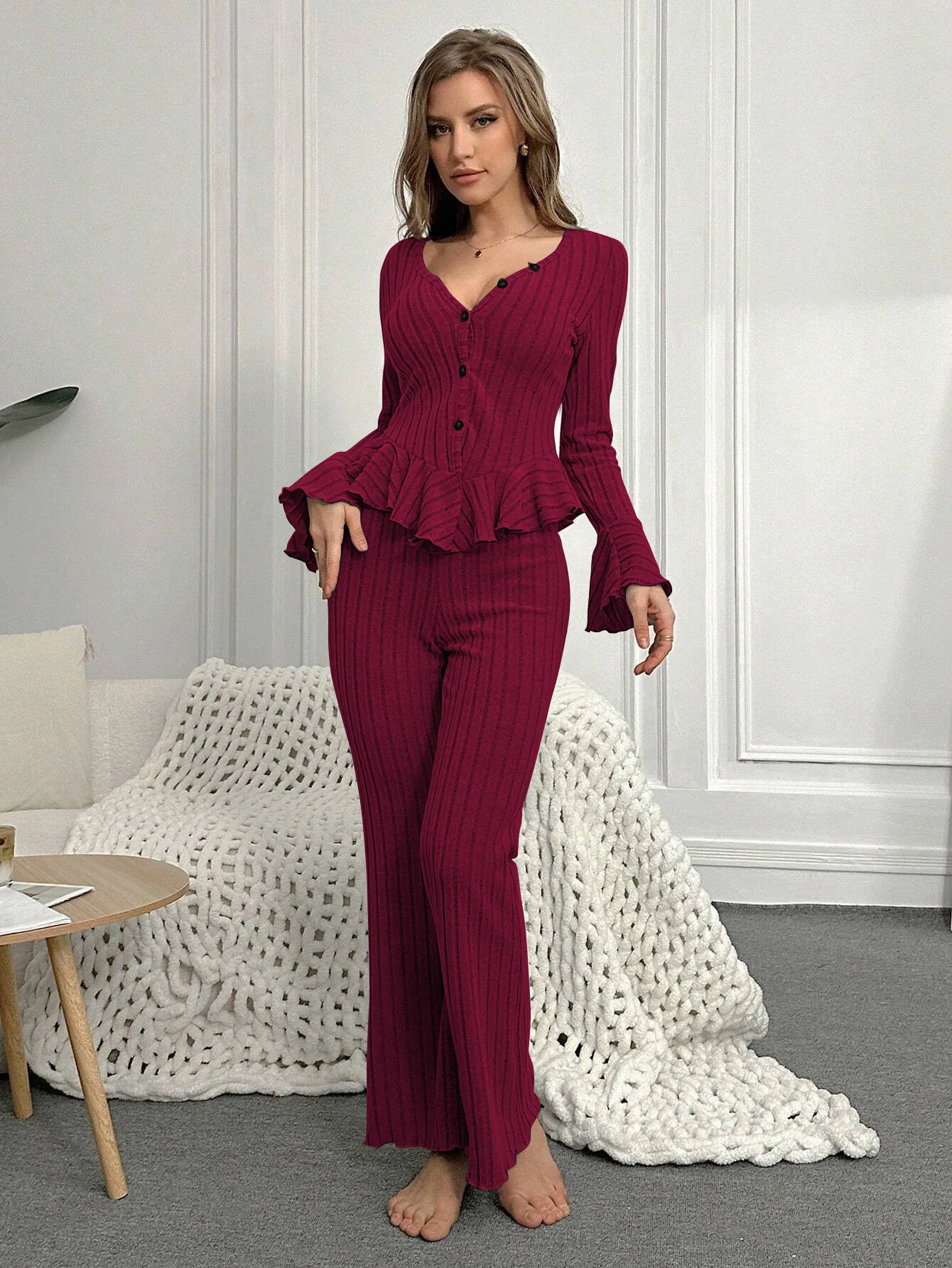 Autumn Winter Pajamas Sets for Women Sleepwear Two Pieces Sexy V Neck Long Sleeve Tops and Trousers Set Loungewear Home Clothes