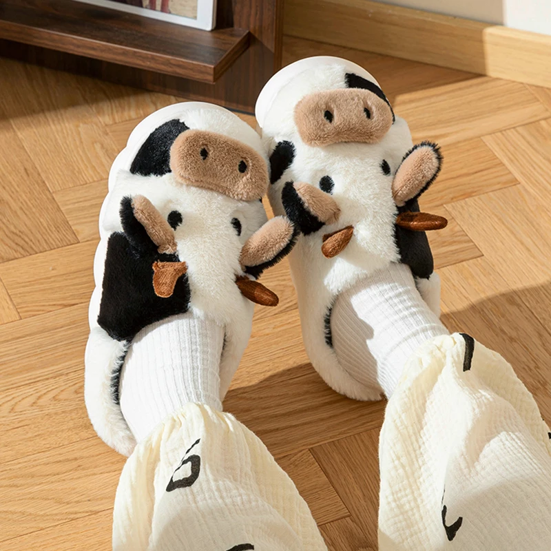 

Cute Cow Plush Slippers for Women Men, Warm Fuzzy Animal Slippers, Indoor Outdoor Cozy Home Shoes