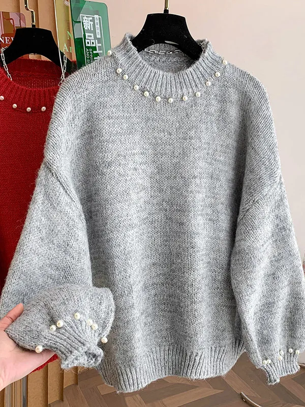 

Корейский трикотаж с бисером, повседневный свободный крой, женский модный универсальный зимний свитер больших размеров, длинный светящийся круглый Ne