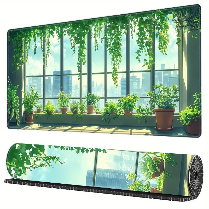 

XXL Green Plant Table Mat - Large Gaming Mouse Mat, Urban Landscape Aesthetics, Washable Non-Slip Rubber Base rug