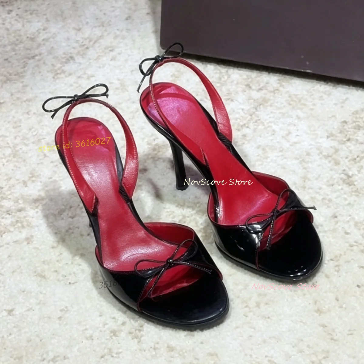 

Туфли-лодочки с открытым носком на шпильке, черные из лакированной кожи, с красной подошвой, с ремешками сзади, сексуальные женские летние туфли для вечеринок