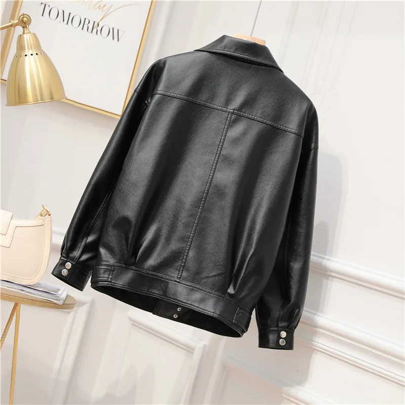 Traf Thick Women Pu Leather Jacket 2022 New Biker Black Coat Turn Down Collar Cool Motorcycle Jackets Loose Streetwear Outerwear