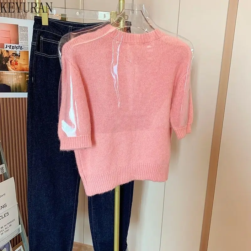 2024 Spring Summer New Sweet Pink Letters Knitted Short Sleeve Sweaters Women Pullovers Korean Chic Basic Knitwear Tops Jumpers