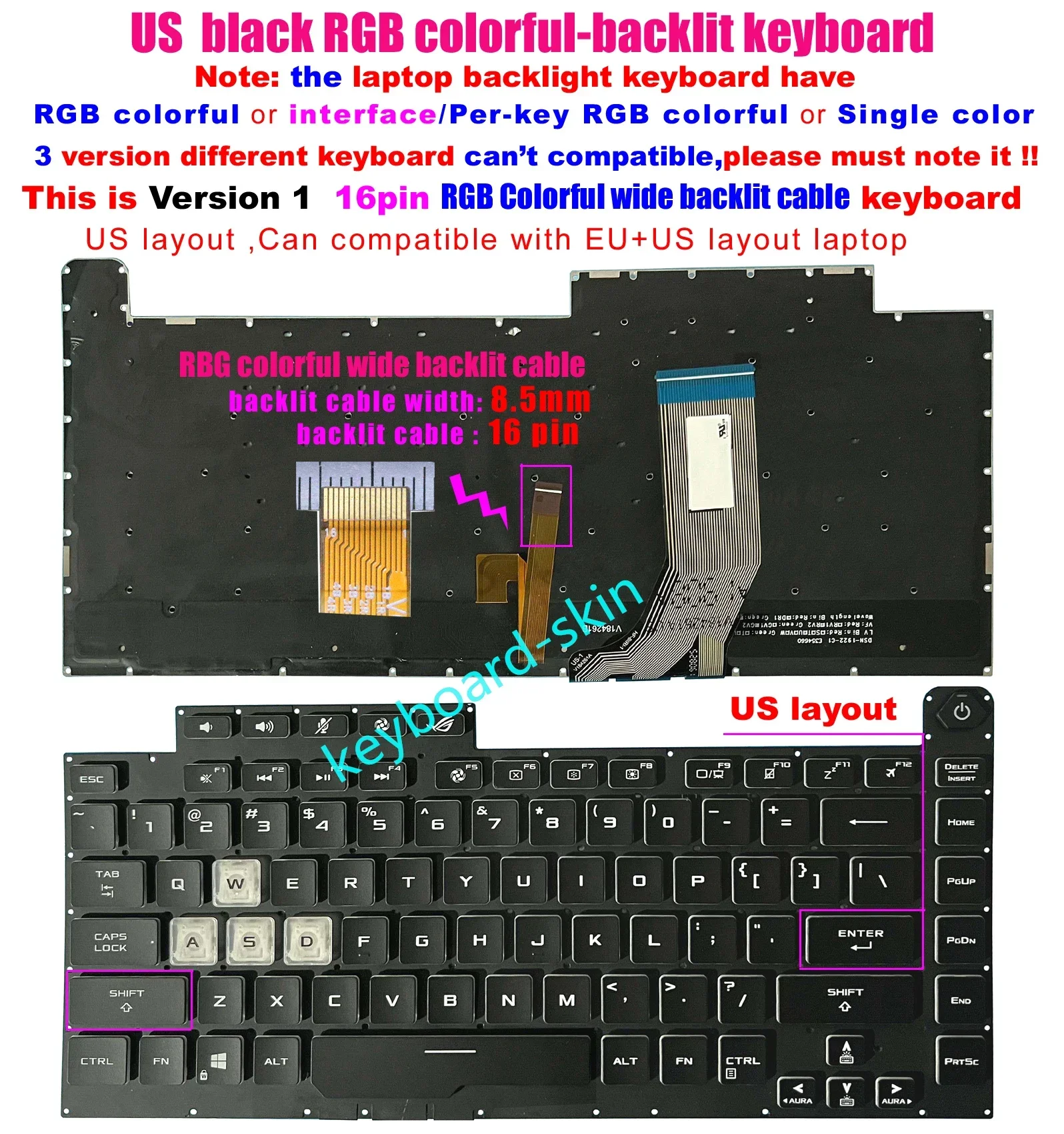

US Version 1 16pin RGB Colorful wide cable backlit Keyboard For Asus ROG Strix G512 G512L G512LU G512LI G512LV G512LW G531G G531