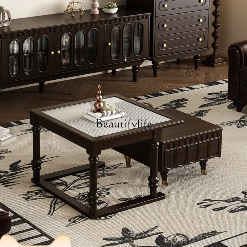 

FG**American light luxury retro pure solid wood coffee table living room French glass tea table size apartment household