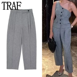 TRAF Carrot Trousers Womens Grey Baggy Pants Woman Fashion High Waist Pants For Women Office Casual Autumn Women's Trousers