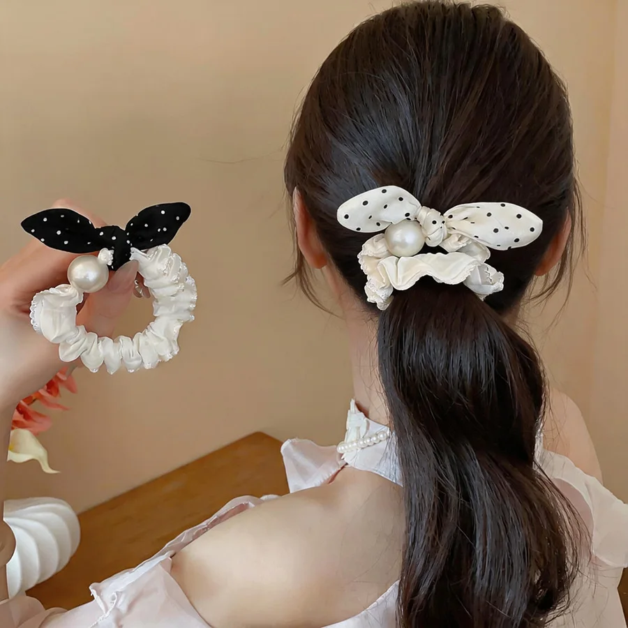 Black White Satin Polka Dot Hair Ties Imitation Pearl Lace Ruffle Bow Scrunchies for Women French Sweet Hair Accessory Daily M view 4