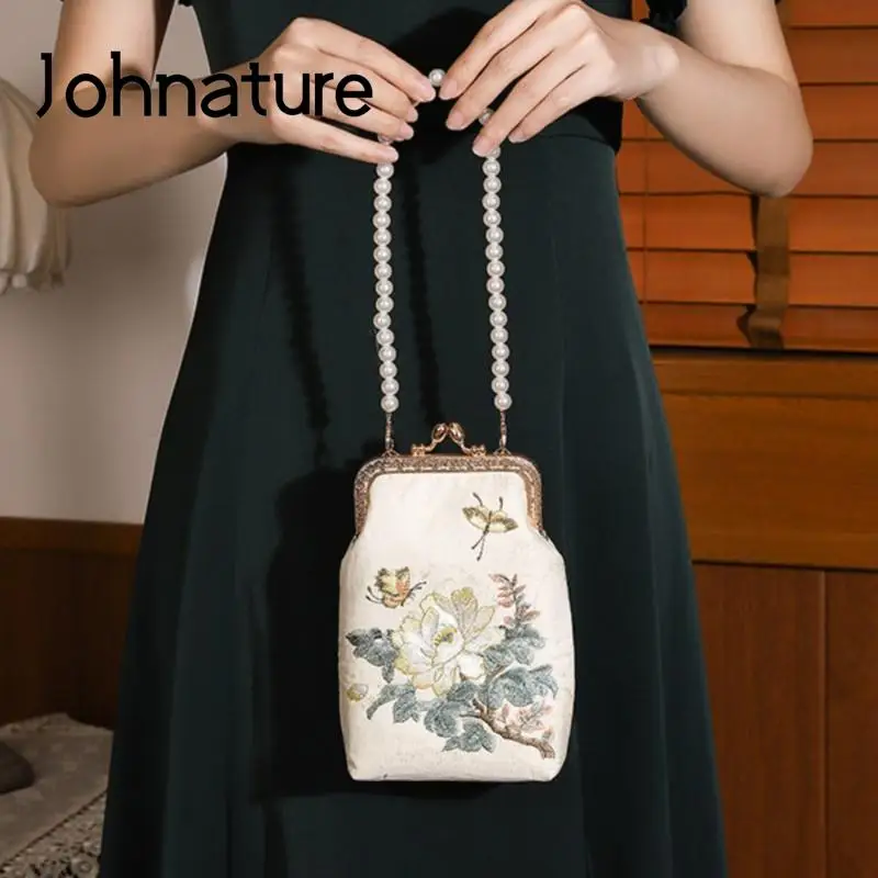 Johnature 2024 New Exquisite Embroidered Silk Pearl Handbag Women Versatile Antique Cheongsam Bag Lady Mini Shoulder Bags