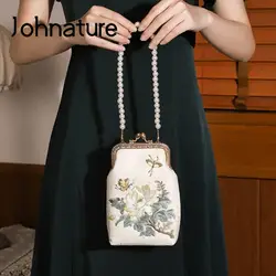 Johnature 2024 nuova squisita borsa di perle di seta ricamata donna Versatile borsa Cheongsam antica Lady Mini borse a tracolla