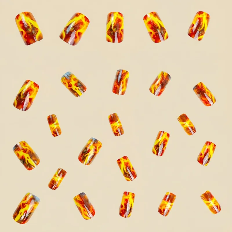 24 Pcs Medium Long Woman False Nails for Gluing Flame Pattern Nails Press on With Design Fake Nail Sticky Nails with Charms 2025