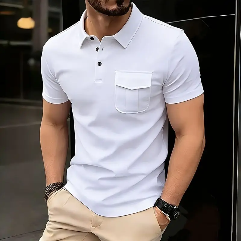 Summer Men's Solid Pocket Polo Shirts Short Sleeve Breathable T-Shirt Contrast Color Casual Lapel Collar Streetwear Basic Top