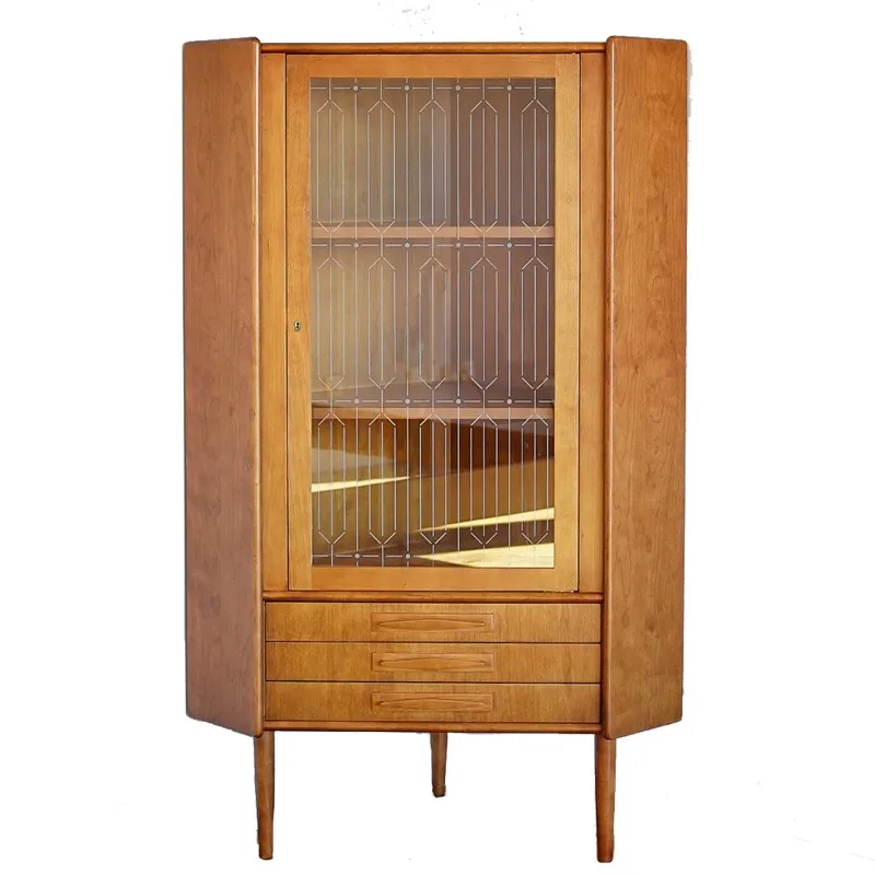 

MCM Glass Retro and Simple Middle Ages Furniture Wine Cherry Wood Corner Restaurant Cabinet