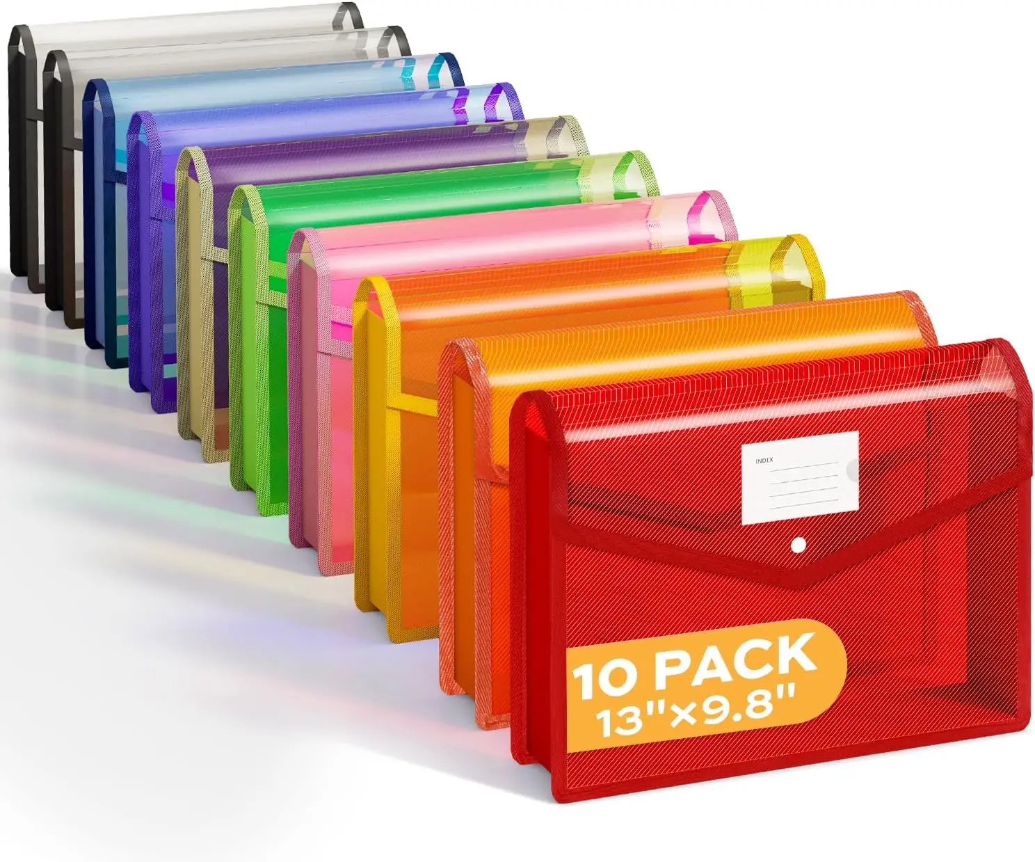 

10-Pack Plastic Expanding File Folders with Snap Closure, Colorful Transparent Organizer for A4/Letter Documents, Large Capacity