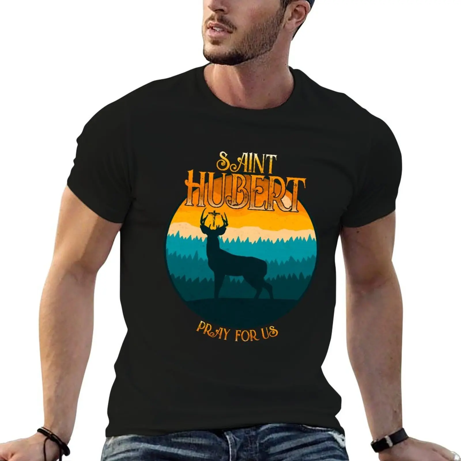 

Hunters for t man Hubert Patron cotton shirts Hubertus cotton Saint T-Shirt of man 100% Stag Catholic shirts Saint t
