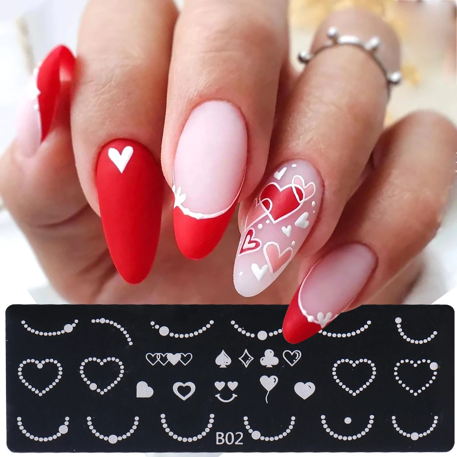 Valentine Heart Nail Stamping Plate Sweet Geometry Love Lip Pearl Image French Line Printing Mold Manicure Stencil Template Tool