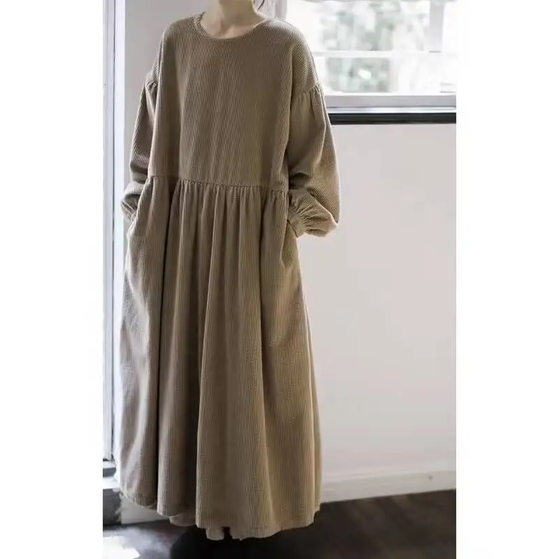 Autumn Winter Vintage Literary Corduroy Sweet Puff Long-sleeved Dress Mori Girl Style Khaki Loose Casual Long Dresses for Women