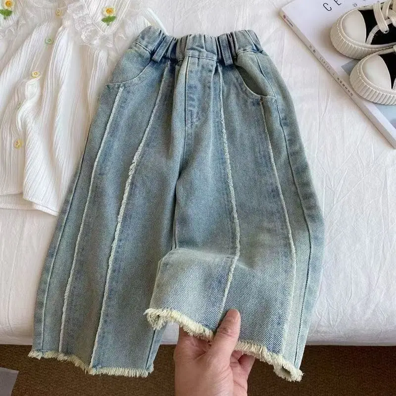 Girls' Jeans With Rough Edges Wide Leg Pants Children's Trendy Straight Leg Pants Korean Version Pants Trendy 80-140CM