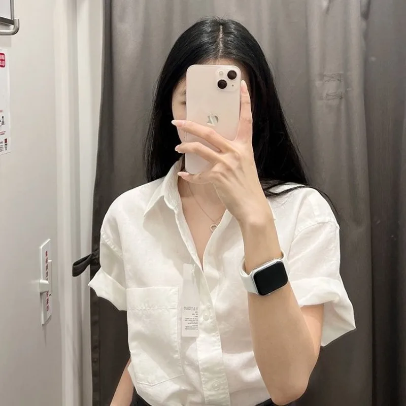 QWEEK White Basic Short Sleeve Shirt Woman Office Ladies Button Up Blouse Korean Harajuku Fashion Summer Loose Casual Streetwear