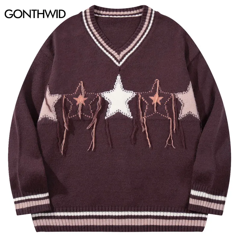 Harajuku Sweaters Streetwear Star Tassel Knitted V-Neck Jumper Hip Hop Casual Baggy Long Sleeve Patchwork Pullover Sweater