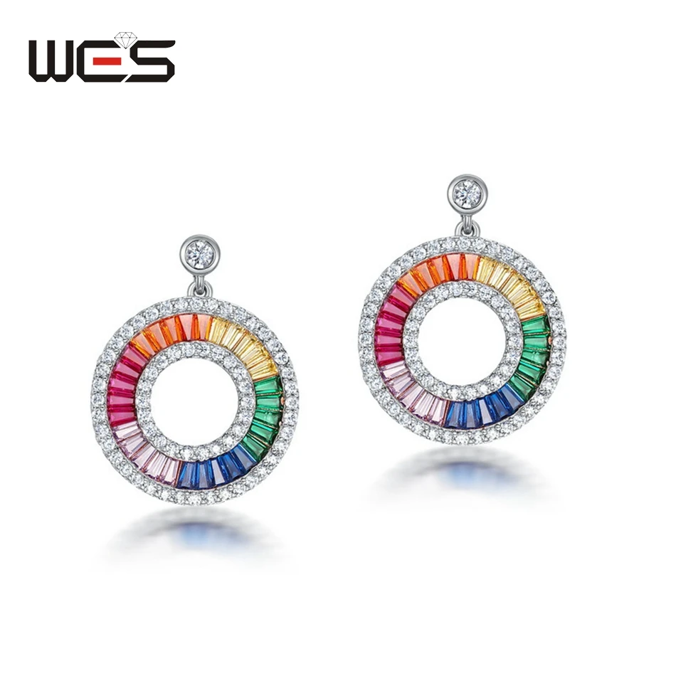 WES 925 Sterling Silver Earrings for Women Rainbow Colorful Zicron Party Wedding Engagement Gifts Luxury Fine Jewelry Elegant