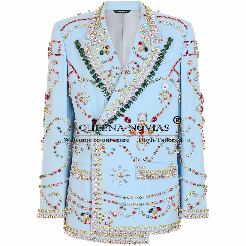 

Man Double Breasted Suits Crystals Beaded Stone Prom Blazers Customized 2-Piece Groom Wedding Tuxedos Formal Party Man Outfits