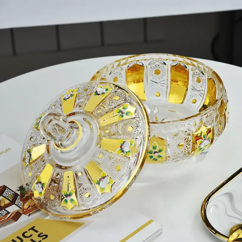 Gold Plated Enamel Crystal Glass Candy Jar With Lid Three Legged Decorative Container For Jewelry Storage Home Decoration