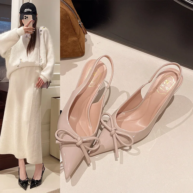 

Bow Pointed Toe High Heels Sandals Women Brand Designer Shoes Fashion Slides Sexy Slingback Shoes Elegant Mules Sandals Female