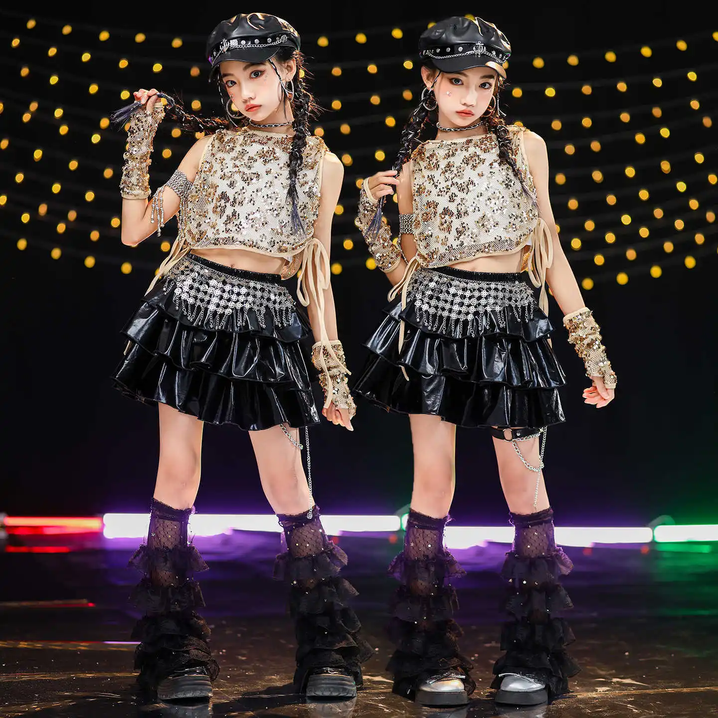 

Kid Kpop Hip Hop Clothing Golden Sequined Hoodie Crop Tank Black Faux Leather Pleated Mini Skirt for Girl Dance Costumes Clothes