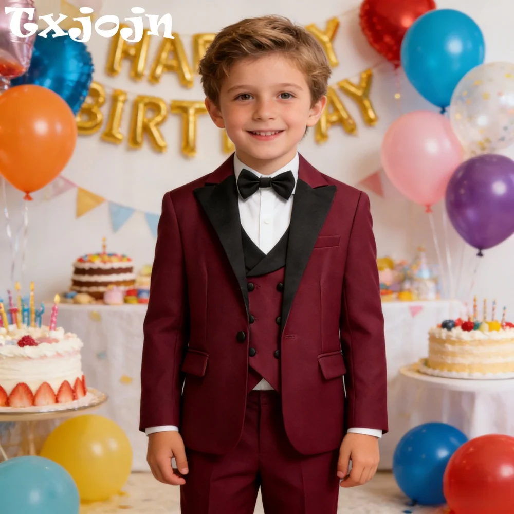 

Винно-красный формальный костюм для мальчиков, 4-х предметная одежда для свадебных гостей, детский облегающий костюм с длинными рукавами, комплект для выпускной церемонии, вечерние смокинг