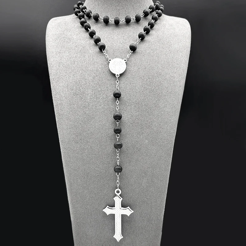 

Fashion Christian Stainless Steel Cross Choker Pendant Necklace for Women Men Silver Color 59 Payer Beads Chain Jewelry Gift