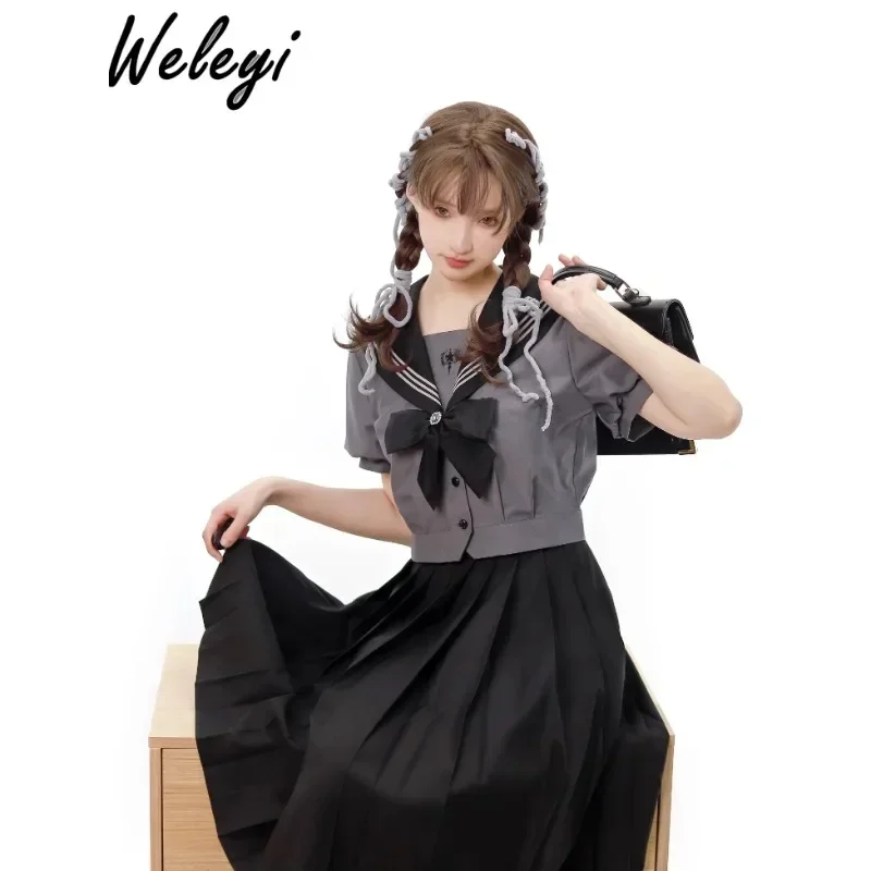 Jirai Kei Sailor Uniform Suit Sweet Women's 2024 Summer Puff Sleeve Preppy Style Black Pink Short Sleeve Top Skirt Two Piece Set