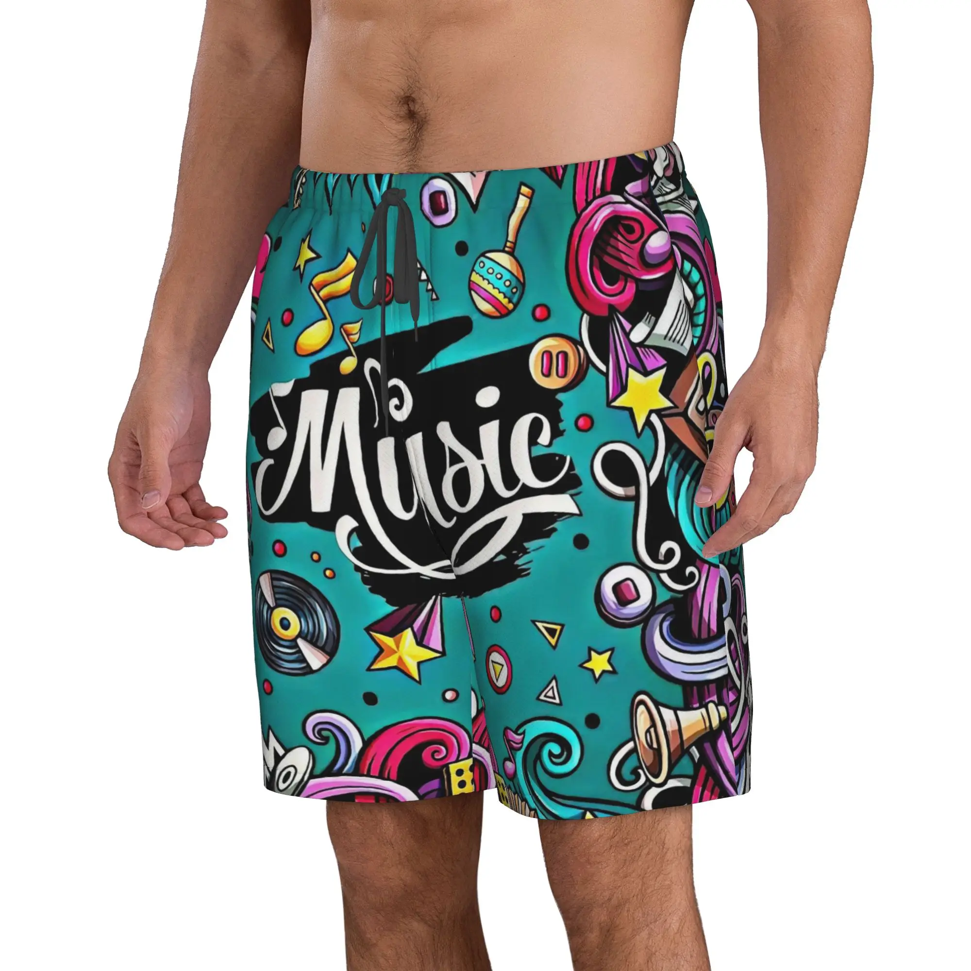 Cartoon Music Colorful Graffiti Trunks Beach Board Shorts Casual Quick Dry Swimming Summer Men Pants