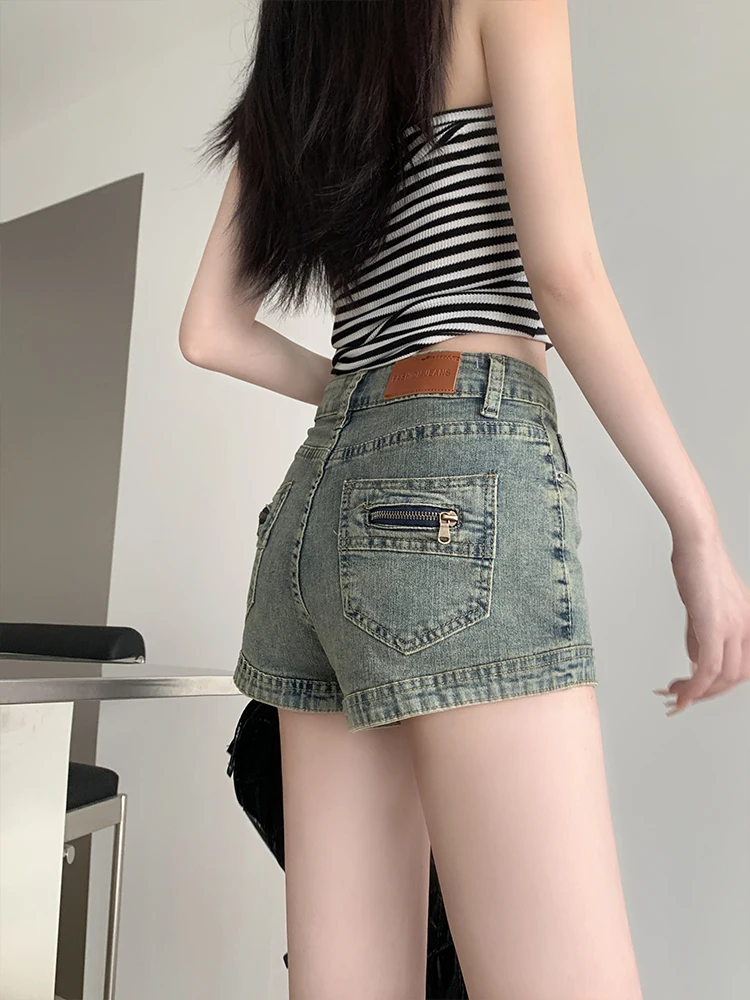 الرجعية الأمريكية الدنيم orts المرأة رقيقة عالية الخصر مطاطا ألف خط السراويل الساخنة الصيف Faion المضادة للتجاعيد الحفاظ على القرد