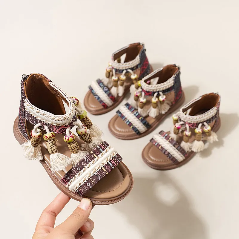 

Girls Gladiator Sandals Princess Sweet Kids Beach Shoes Kids Summer Retro Ethnic Traditional Sandals Tassels Soft Back Zip