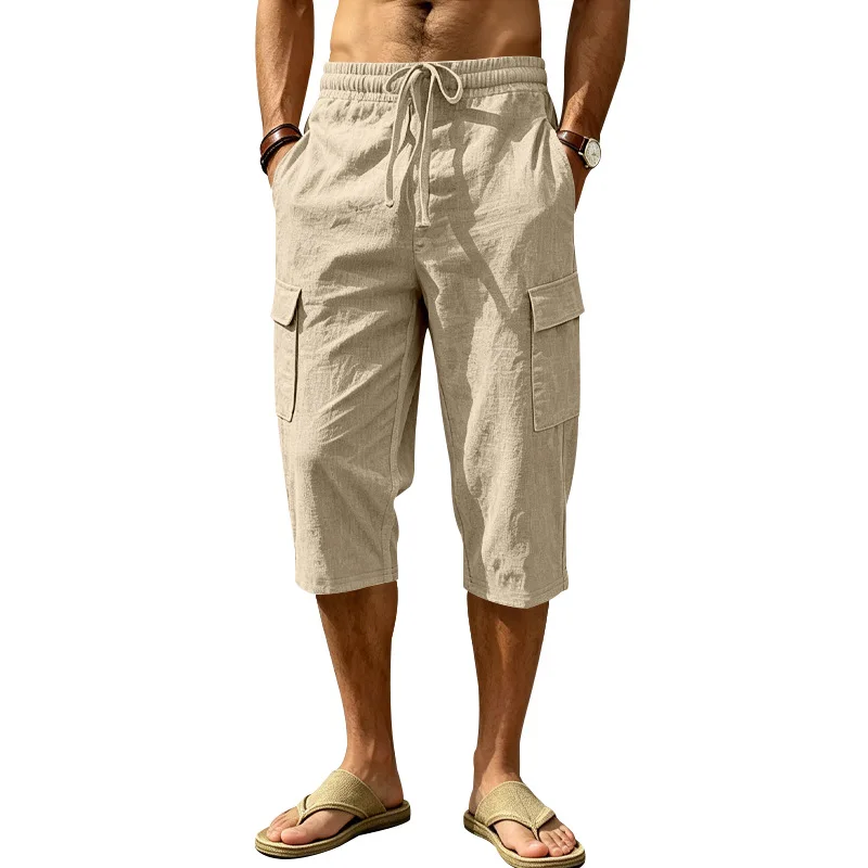 Europäische und amerikanische Sommer-Shorts aus Leinen für Herren, lässig, Outdoor, Arbeitskleidung, Pendler, Sport, Multi-Pocket, 7/8-Länge – Detail 25