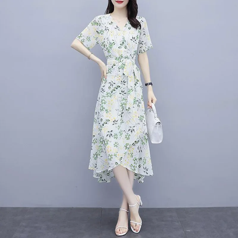 2023 New Summer Fashion Commuting Simple V-neck Printed Lace Up Waist Covering Belly Temperament Casual Irregular Dress