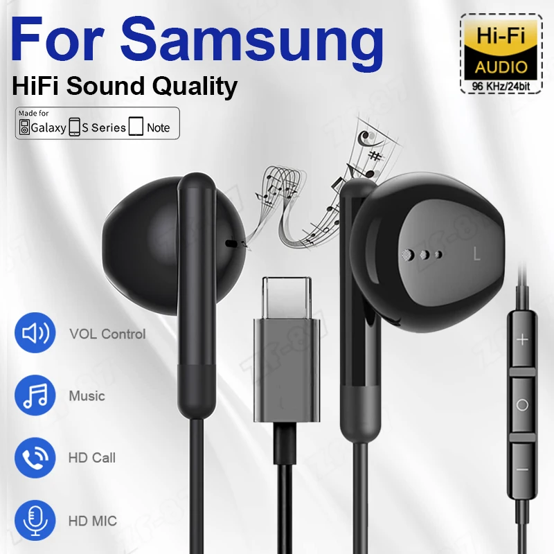 Auriculares tipo C estéreo de graves con cable USB C para Samsung Galaxy S24 S23 S22 S21 S20 A53 A54 3,5mm accesorios para teléfono