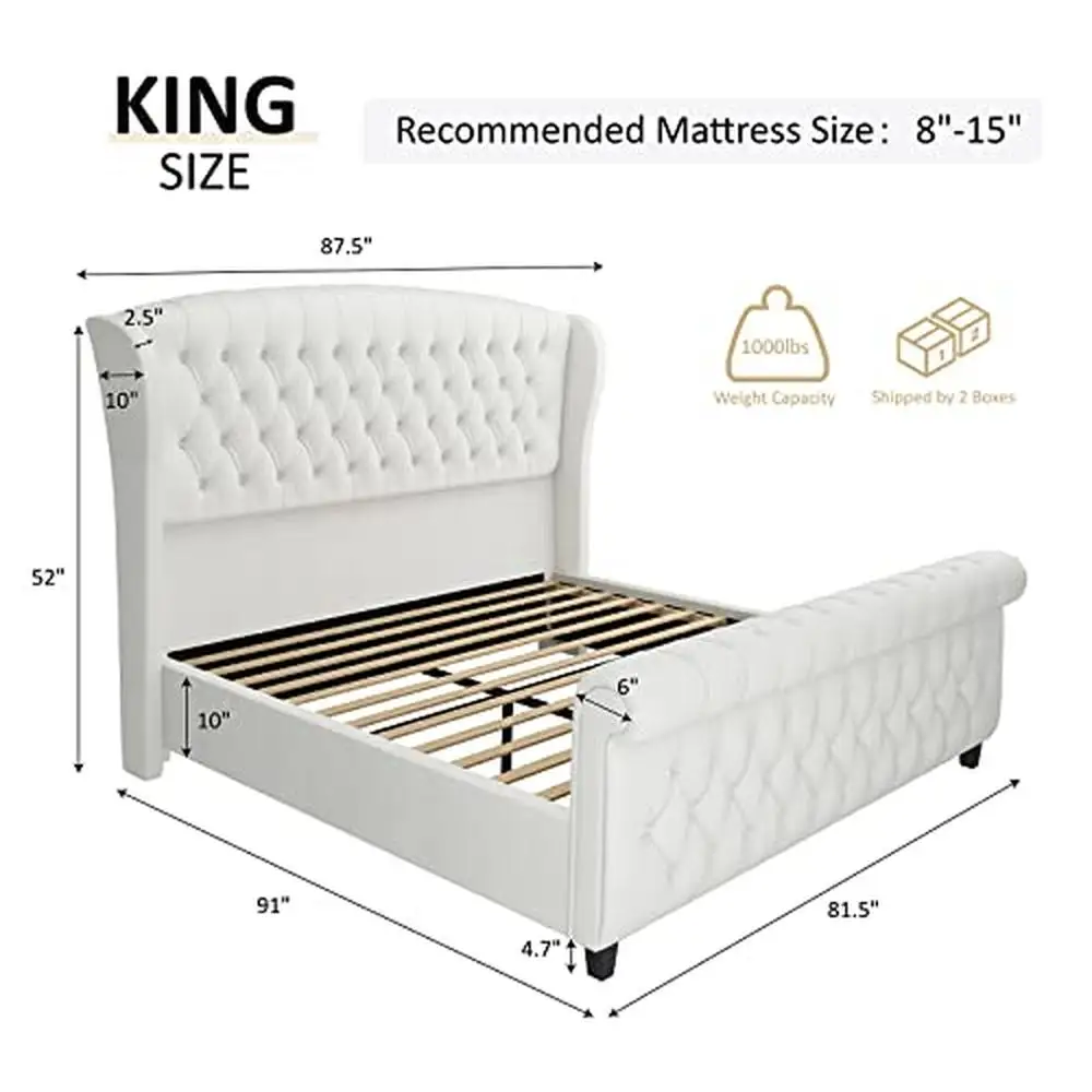 Luxury Chenille Upholstered King Size Platform Bed Frame Handcrafted Button Tufted Sleigh Bed NO Box Required 91