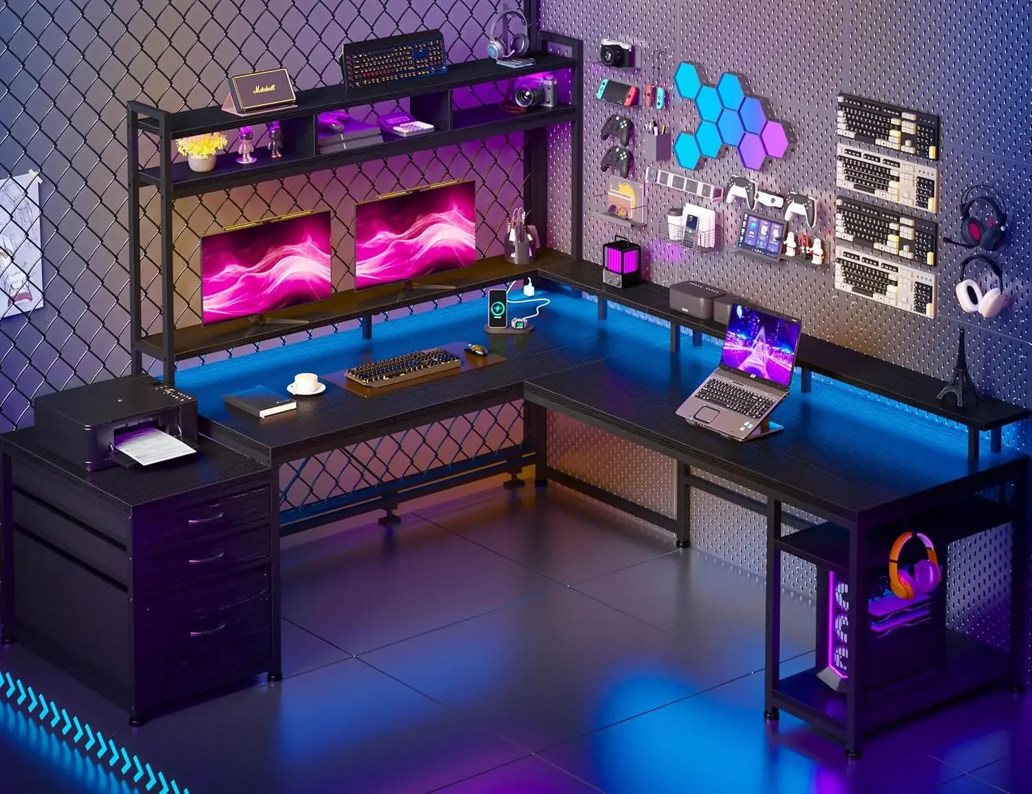 

EnHomee L Shaped Gaming Desk with LED Black Gaming Desk with Drawers & Storage Shelf Reversible Large Computer Desk with Monitor