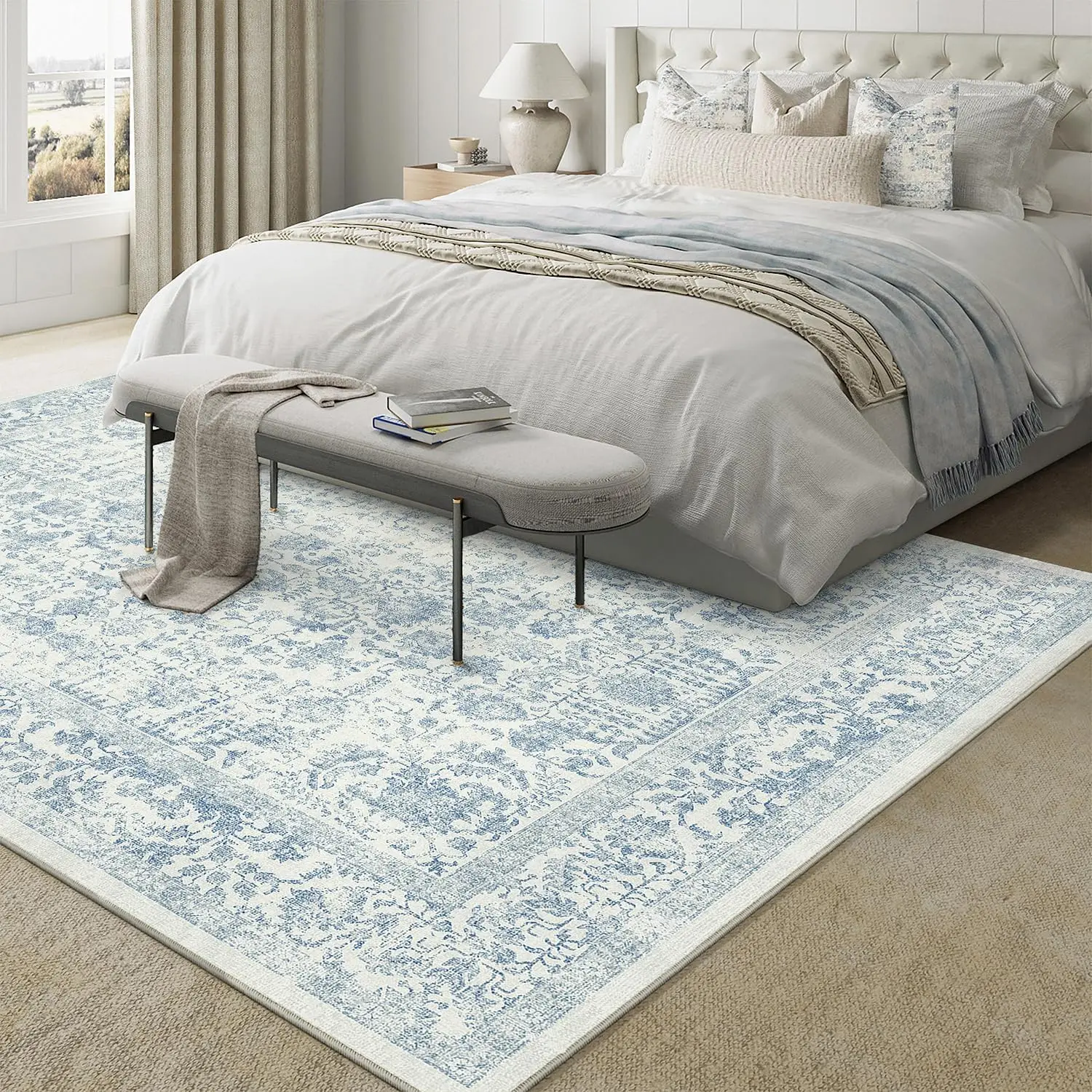 Polypropylene Area Rug, Vintage Floral Pattern Floor Carpet For Living Room Dining Area And Bedroom, Durable Washable Large Indoor Mat, Blue Single Pack - view 5