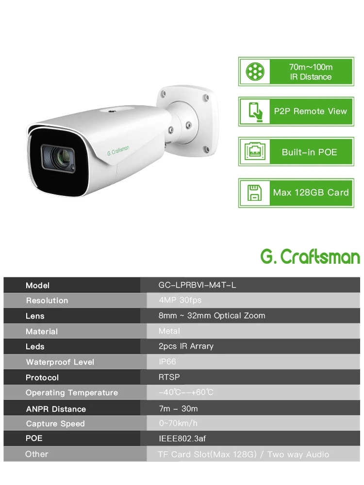 C GC LPR 4MP ANPR 7-30m License Plate Recognition Camera,4X Motorized Zoom, IR Night Vision, 128GB TF Storage, IP67 G.Craftsman