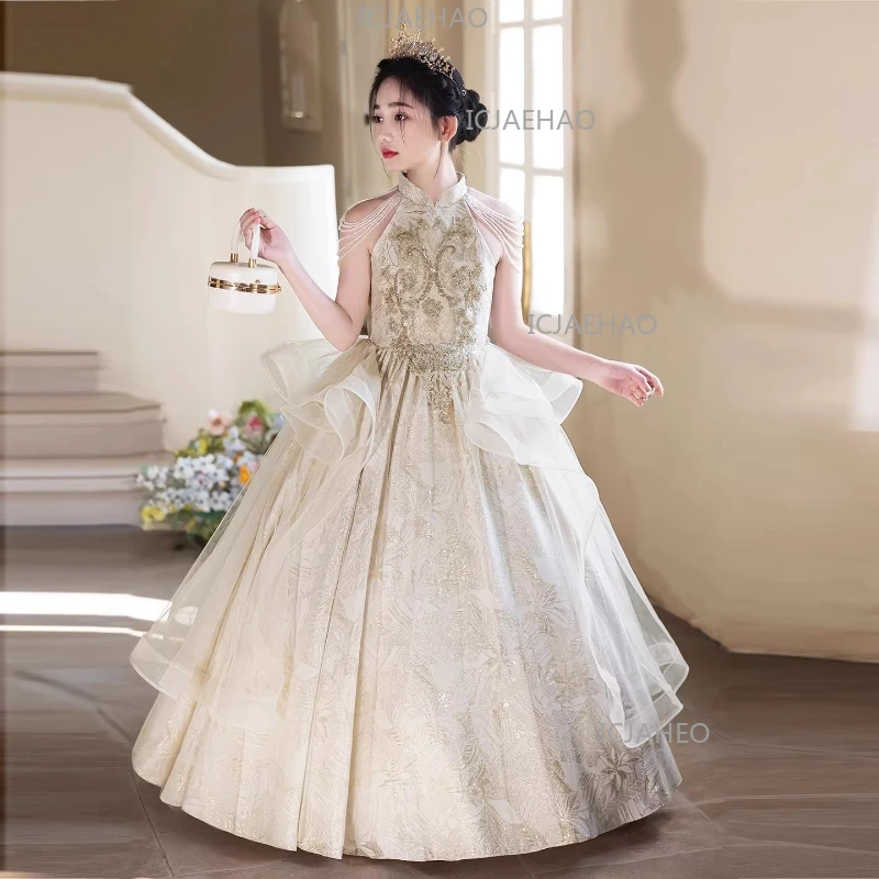 New Champagne Sleeveless Tassel Children Flower Girl Dress Kids Birthday Princess Gown Pageant Formal Party Celebration Outfit