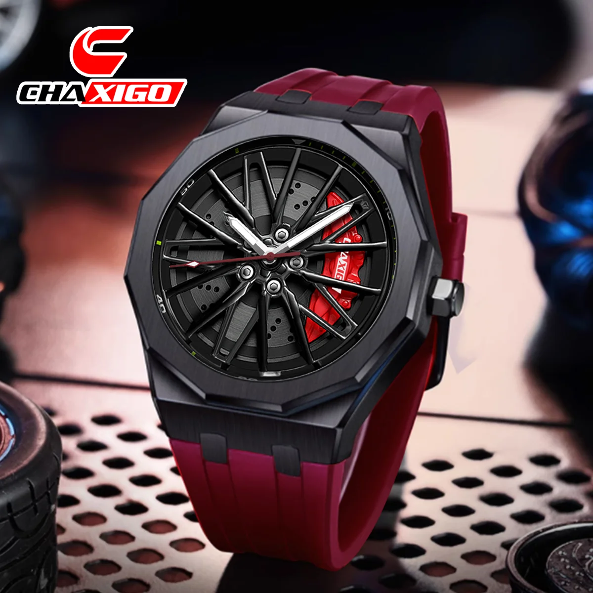 Jam Tangan Pria CHAXIGO dengan Tali Silikon Bergaya Unik, Bezel Berputar, Jarum Jam Bercahaya, Tahan Air 30m