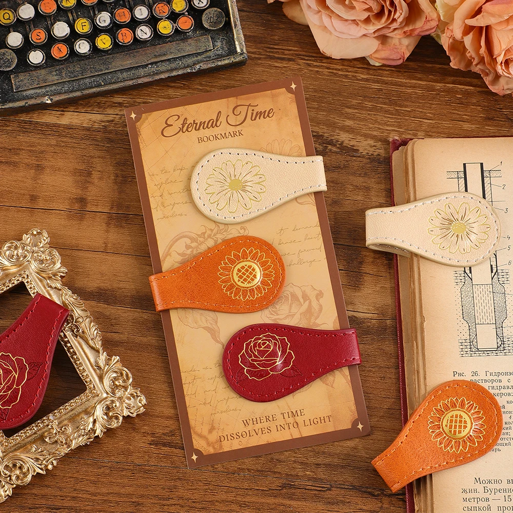 3 Pcs Magnetic Leather Bookmarks Vintage 3-Color Floral Foil Page Clips For Book Lovers Family Colleagues Office Supplies