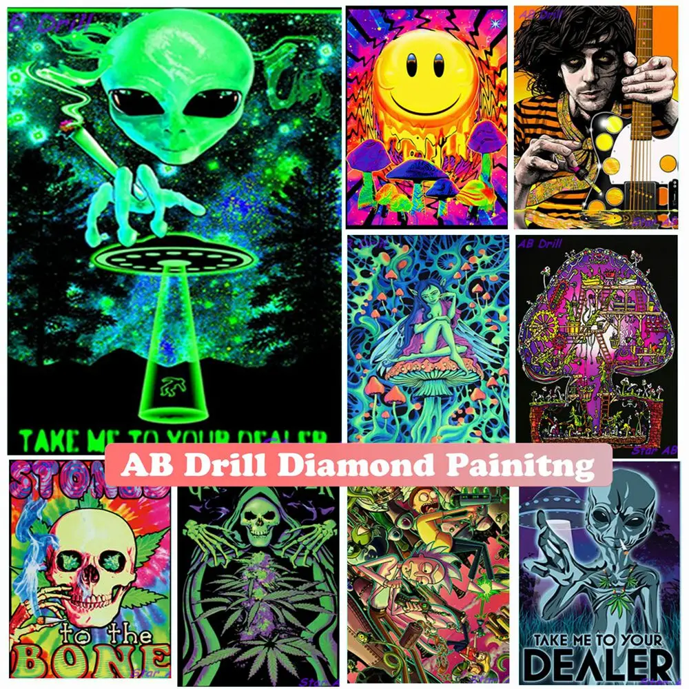 Trippy Skeleton 5D Diy Diamond Painting Abstract Psychedelic Mushroom AB Drills Embroidery Mosaic Rhinestones Cuadros Home Decor