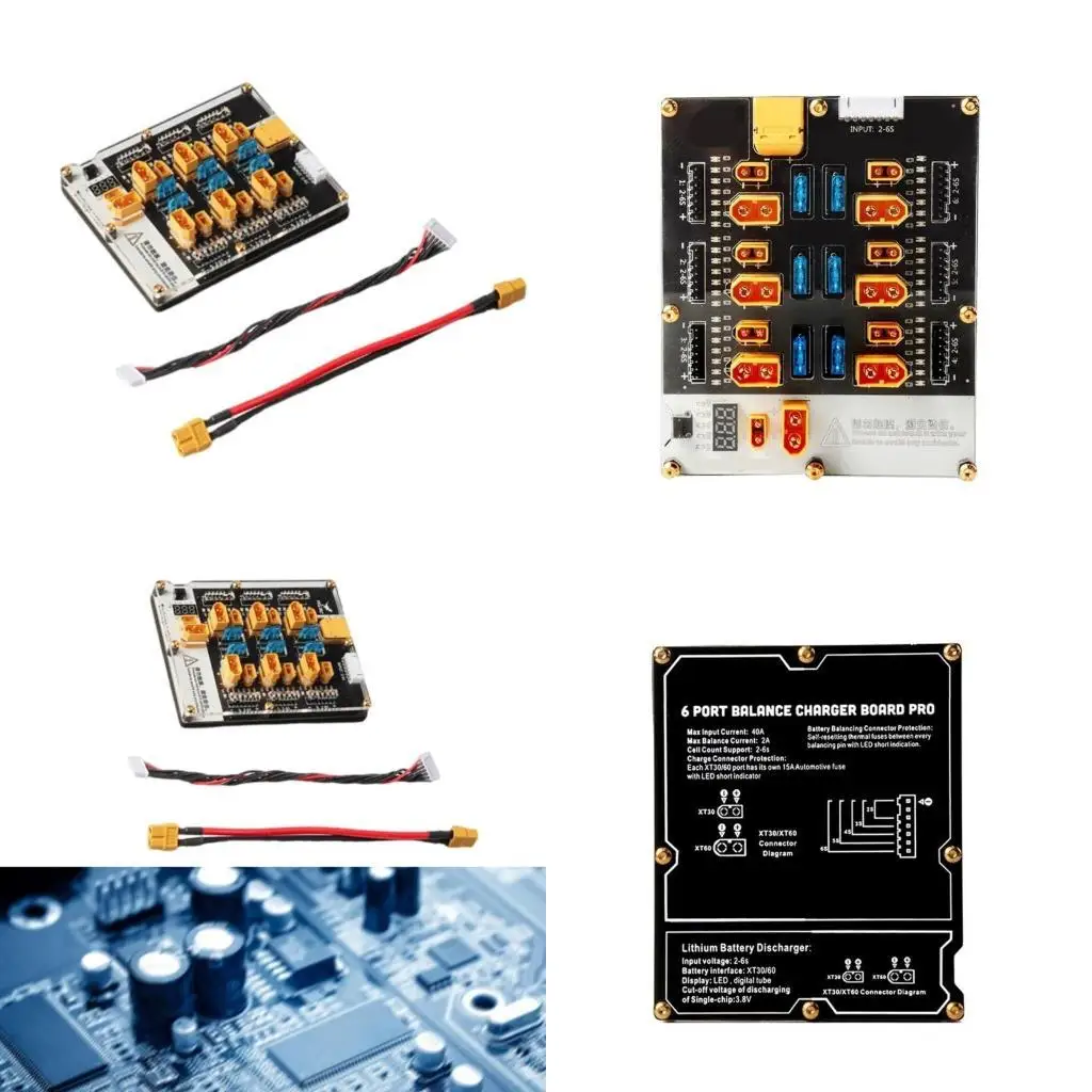 

652F 6 Way Battery Balance Board 40A XT60 XT30 Plugs Supports 2-6S Integrated Discharge Auto Resetting Heat Fuses