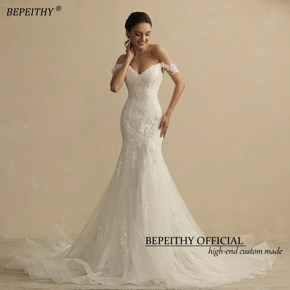 BEPEITHY Lace Mermaid Wedding Dresses For Women Off The Shoulder Court Train Sleeveless Vestidos De Novia Ivory Bridal Gown 2022