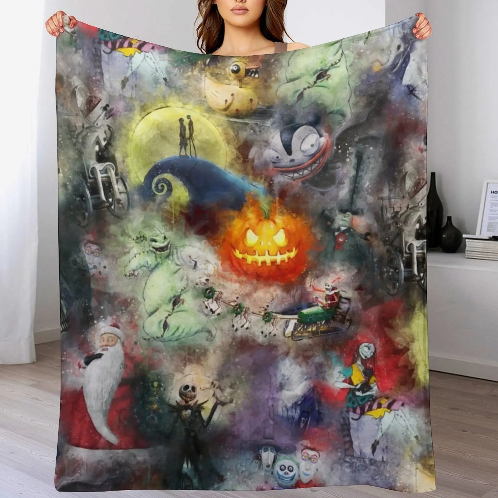 

Watercolor Nightmare Before Christmas Throw Blanket Thin Sofa Bed Blankets