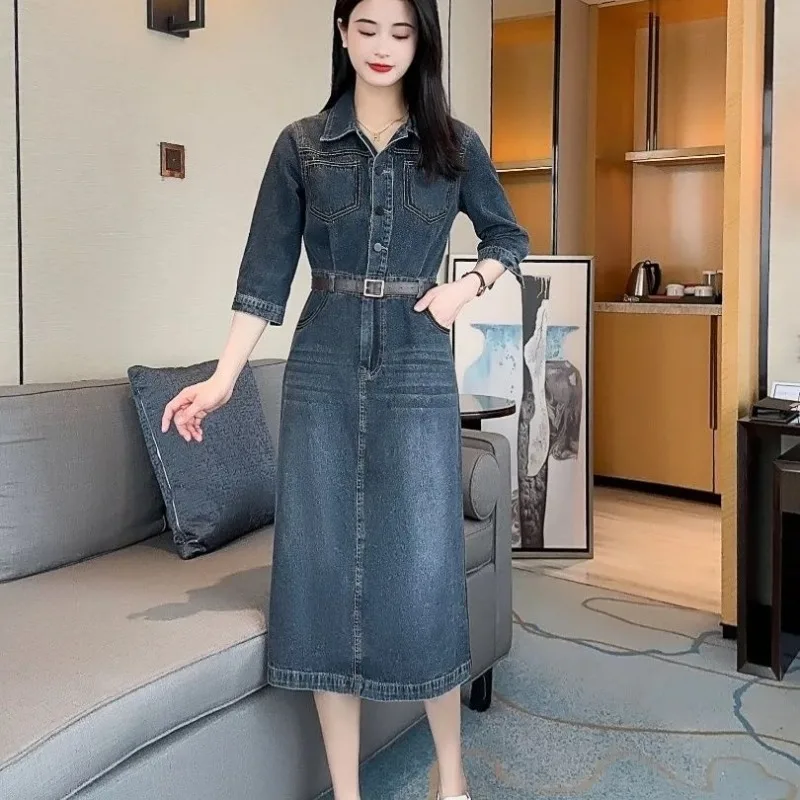 

French Denim Dress Women's Clothing Retro Skirt 2025 Autumn New Fashion Foreign Style Waist Dress for Women Simple Commuting