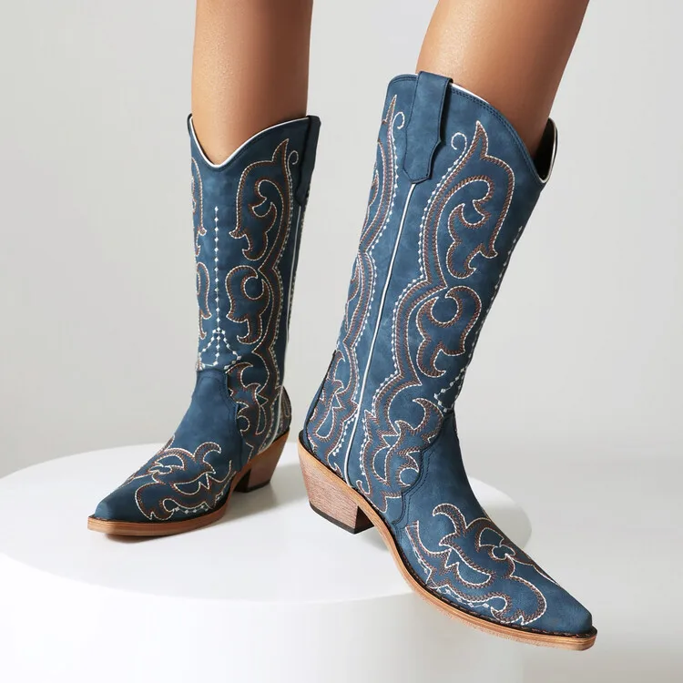 

Blue Embroidered Western Cowboy Boots Pointed-Toe Knee-High Botines Slip-On Thick-Heeled Women's Botas Femininas